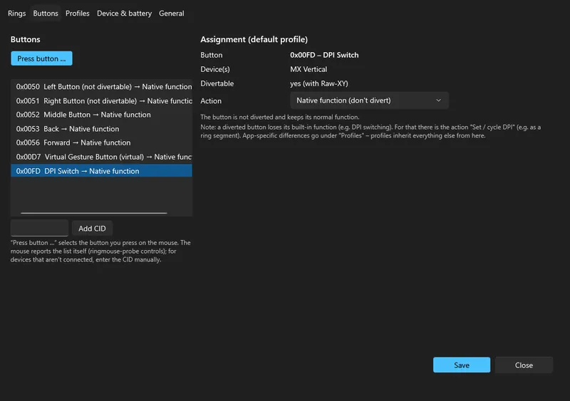 Settings: buttons