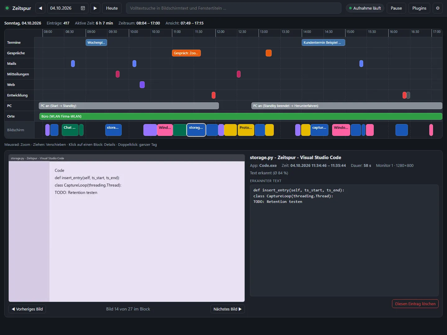 Detailansicht eines Bildschirm-Blocks mit Screenshot und erkanntem Text