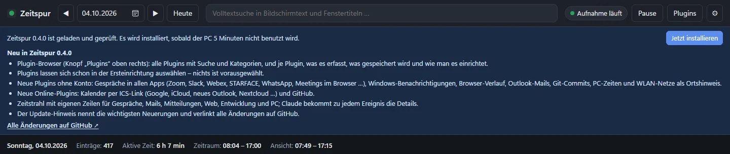 Update-Hinweis mit den Neuerungen der neuen Version und einem Link zu GitHub
