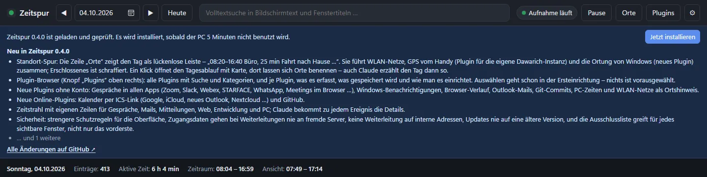 Update-Hinweis mit den Neuerungen der neuen Version und einem Link zu GitHub
