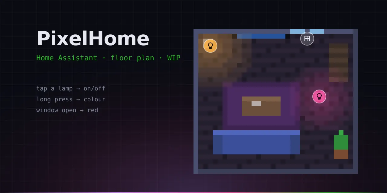 Illustration – an imaginary pixel living room with glowing lamps and round buttons on top