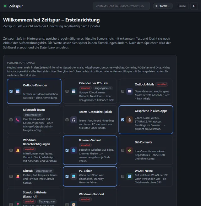 Ersteinrichtung mit der Auswahl der Plugins