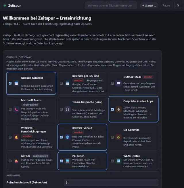 Ersteinrichtung mit der Auswahl der Plugins