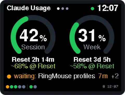 Home page: session and week gauges, session line, status dots